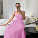 Vestido de cintura alta com suspensório respirável de algodão e linho Verão europeu e americano Novo estilo de férias saia longa para mulheres