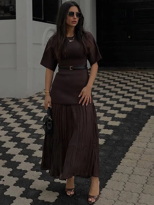 2025 Chic Splicing Brown Meia Manga Maxi Vestido Feminino Casual Plissado A Linha Slim Vestidos Femininos Escritório Comutar Vestes de Rua