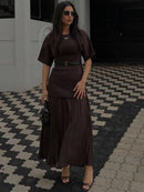 2025 Chic Splicing Brown Meia Manga Maxi Vestido Feminino Casual Plissado A Linha Slim Vestidos Femininos Escritório Comutar Vestes de Rua