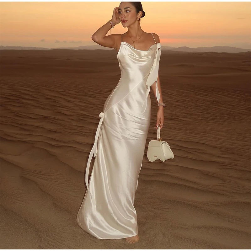 Sexy fita branca de seda cetim estilingue vestido para as mulheres elegante swing colarinho backless vestidos longos 2025 mulheres novo praia férias robe