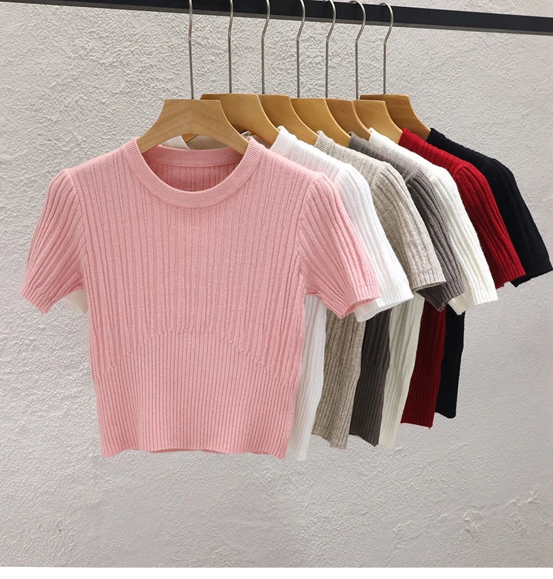 Camisetas de verão para mulheres Casual Feminino Coreano Malha Streetwear Tees Básico Sólido Jovem Cool Tops