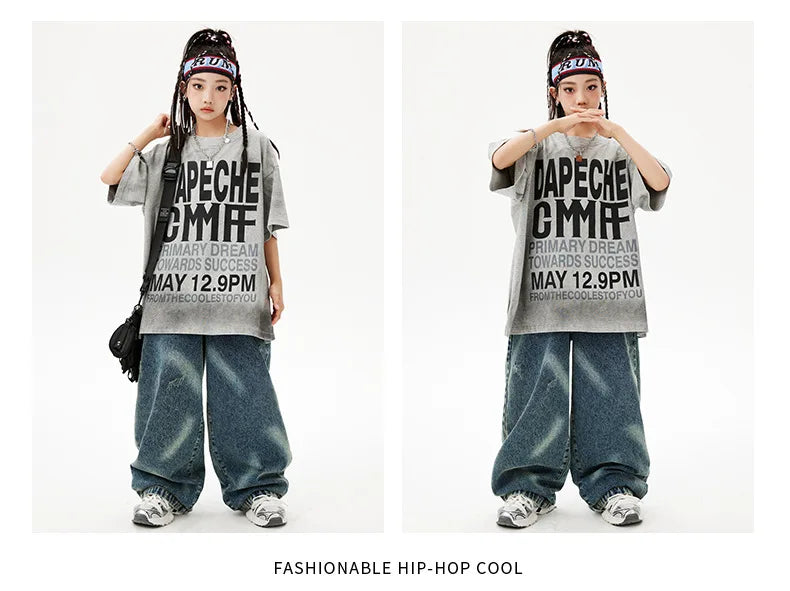 Meninas Meninos Hip Hop Dança de Salão Trajes 4 Crianças Cinza Camiseta Azul Denim Jeans Calças Jazz Dança Roupas Criança Palco Dancewear