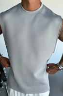 2025 Verão novo masculino moda esportiva calças casuais colete conjunto solto sem mangas T-shirt conjunto de cor sólida