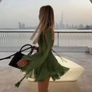 Moda Feminina Chiffon Plissado Lace Up Cintura Alta Mini Vestido Chic Verde Oco Out Manga Cheia A Linha de Vestidos Senhora Vestes de Praia