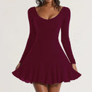 Vestidos femininos Mia Muse para todas as estações Namoro francês Cor sólida Bainha de alface Manga comprida Decote redondo Mini vestido de festa com babados