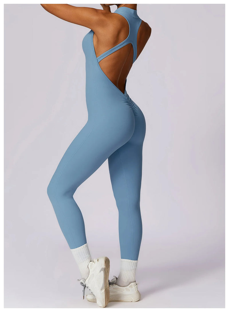 V Voltar Terno De Uma Peça Das Mulheres Macacão Esportivo Zíperes Yoga Macacão Backless Sportswear Mulheres Sleeveles Workout Bodysuits Feminino