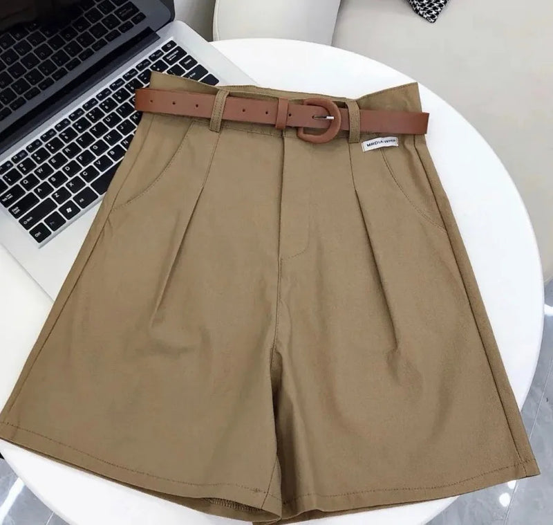 2024 Shorts de perna larga de verão para mulheres cintura alta casual algodão jeans calças curtas com cinto Shorts femininos coreanos da linha A da menina