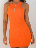 Sexy Rib Stripe Backless Sem Mangas Bodycon Vestido Mulheres Cor Sólida Magro Elegante Halter Vestido Club Party Vestidos