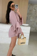 Elegante Plissado Vestido Curto Mulheres Solto Lace Up Manga Longa Flare V Neck Vestidos Feminino 2025 Primavera Oco Out Praia Robe Senhora