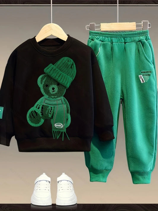 Outono Crianças Menino Conjunto de Roupas Bebê Meninas Dos Desenhos Animados Bordado Urso Camisolas Pullover Top e Calças Terno Adolescente Fatos de Treino