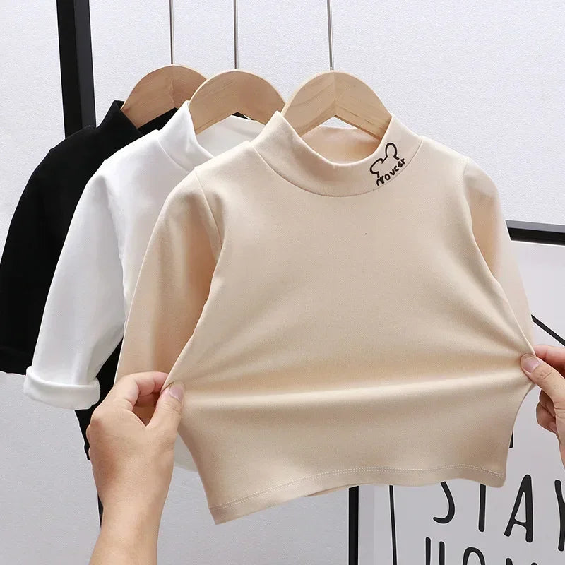 Outono Inverno Crianças Crianças Meninos Meninas T-shirts Tops Gola Alta Sólida Manga Comprida Quente Velo Bottoming Camisas Tees para Crianças