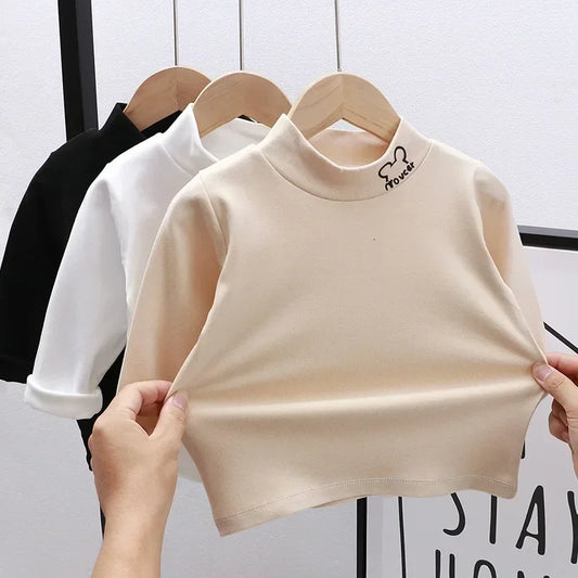 Outono Inverno Crianças Crianças Meninos Meninas T-shirts Tops Gola Alta Sólida Manga Comprida Quente Velo Bottoming Camisas Tees para Crianças