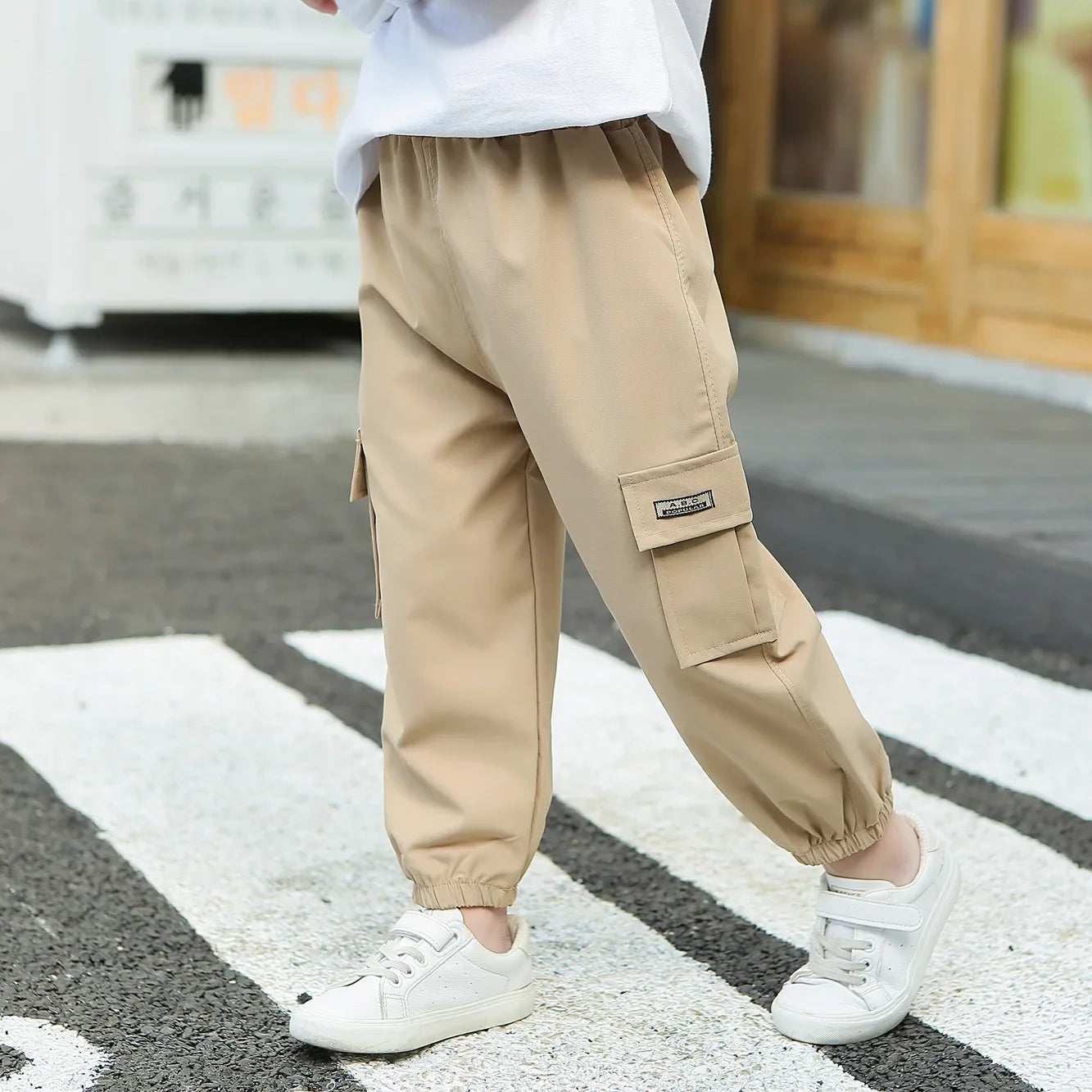 Kids Cargo Pants Solid Color Children Casual Trousers with Multi Pockets Elastic Waist Boys Cargo Pant Streetwear Spring Autumn
