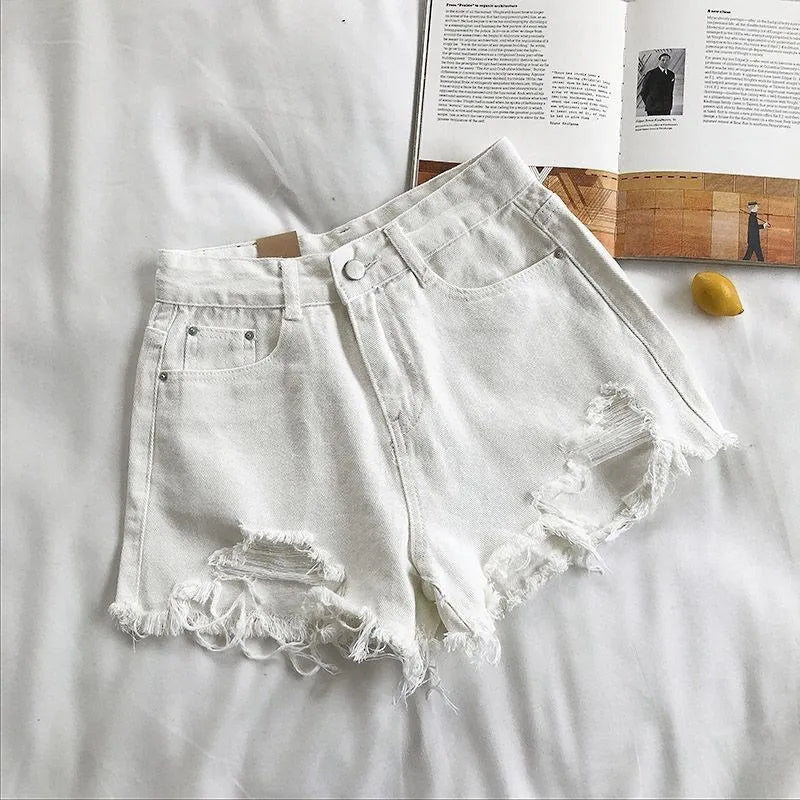 Coreano Shorts Jeans Mulheres Moda Verão Casual Cintura Alta Rasgado Jeans Bolso Borla Y2K Hot Pants Streetwear Calças Azuis