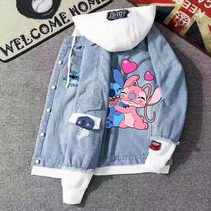 Lilo&stitch Hip Hop Jaquetas Jeans com Capuz para Homens Roupas Femininas Outono Inverno Jaqueta Masculina Patchwork Jaqueta Jeans Streetwear Roupas