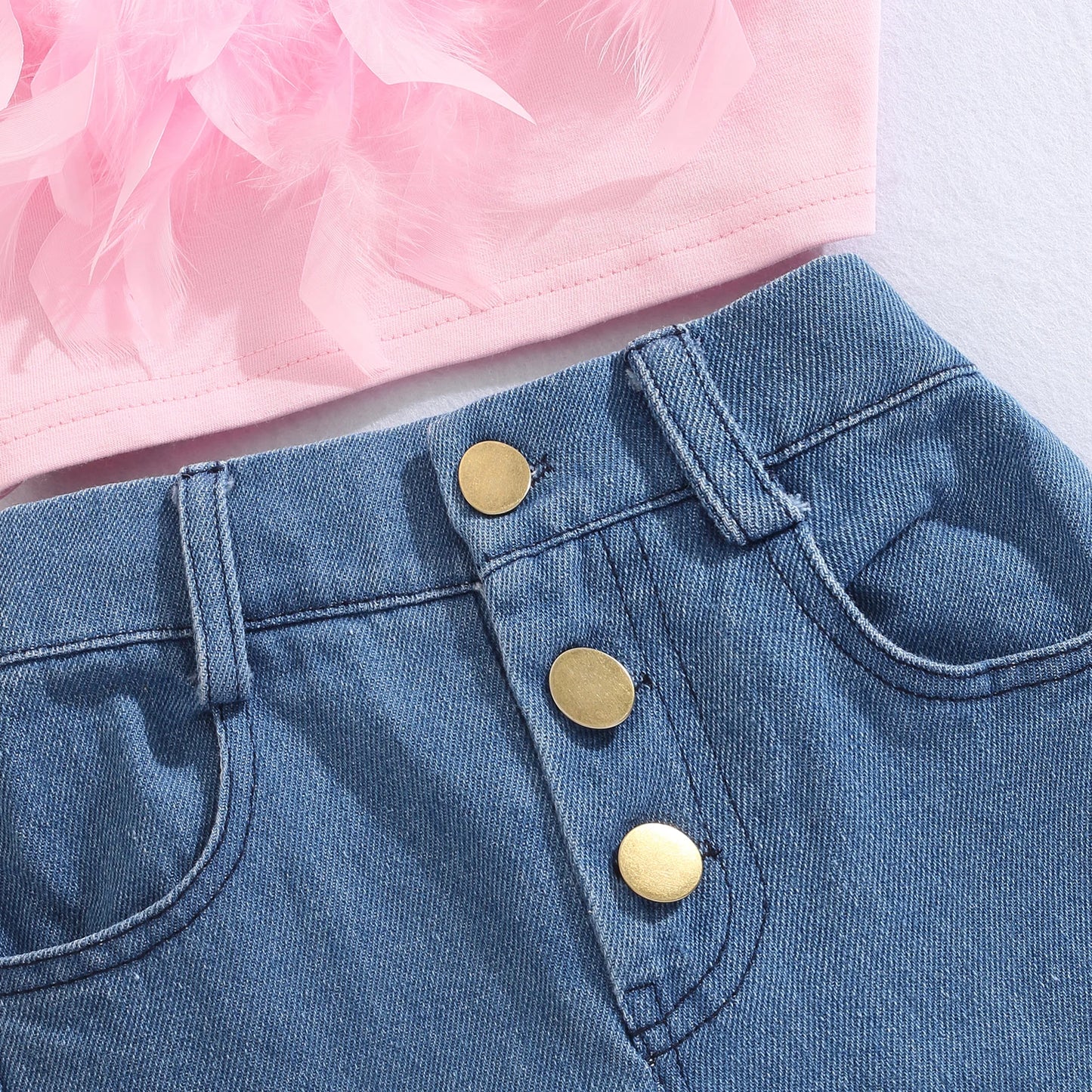 Conjuntos de roupas de verão para meninas Moda Kid Crianças Rosa Sem Mangas Camisola de Penas + Calças Jeans com Bolsos