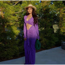 Vestido Maxi Fino Roxo Oco Out Mulheres Elegante Decote Em V Profundo Plissado Manga Cheia Vestidos Longos 2024 Vestes De Festa Da Senhora Da Moda