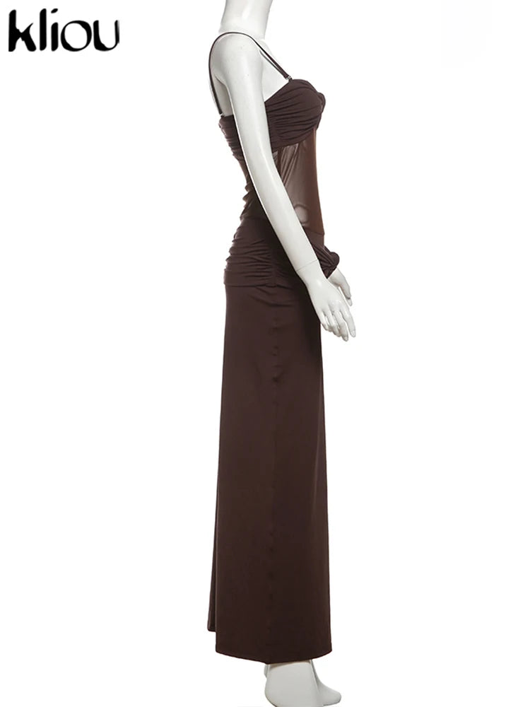 kliou Malha Suspendência Mulheres Maxi Vestido Sexy Ver Através Amarrado Patchwork Gola Baixa Sem Encosto Bodycon Feminino Moda Festa Vestidos