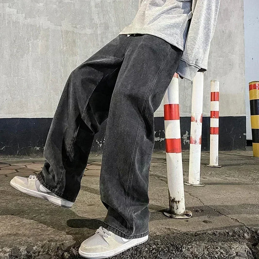 2024 Novo Streetwear Jeans Solto Masculino Estilo Coreano Moda Solta Reta Perna Larga Calças Masculinas Roupas de Marca Preto Azul Claro