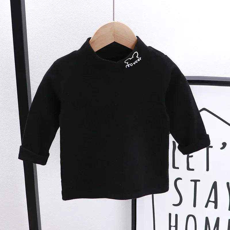 Outono Inverno Crianças Crianças Meninos Meninas T-shirts Tops Gola Alta Sólida Manga Comprida Quente Velo Bottoming Camisas Tees para Crianças