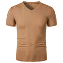 Homens Corrida Esportes Fitness Verão Novo Alto Elástico Listra Vertical Manga Curta Decote em V Slim Fit Malha Inferior Camisa Top