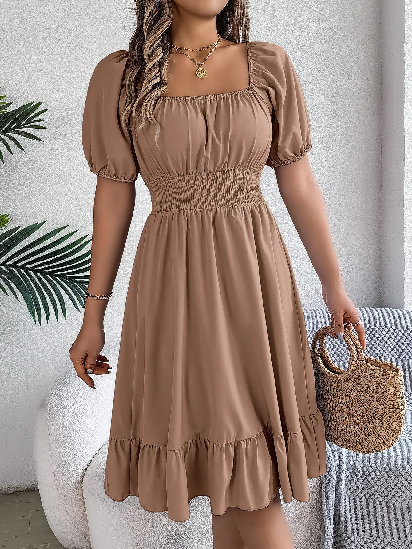 Mulheres Vestidos Pequenos 2024 Verão Casual Decote Quadrado Manga Curta Cintura Vestido de Borda com Babado Mulheres Elegante
