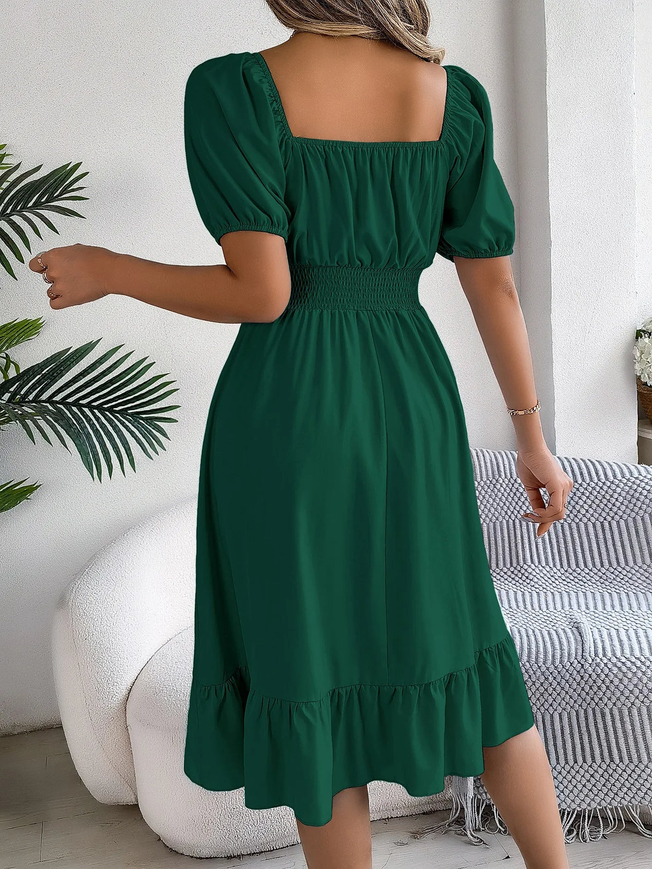 Mulheres Vestidos Pequenos 2024 Verão Casual Decote Quadrado Manga Curta Cintura Vestido de Borda com Babado Mulheres Elegante