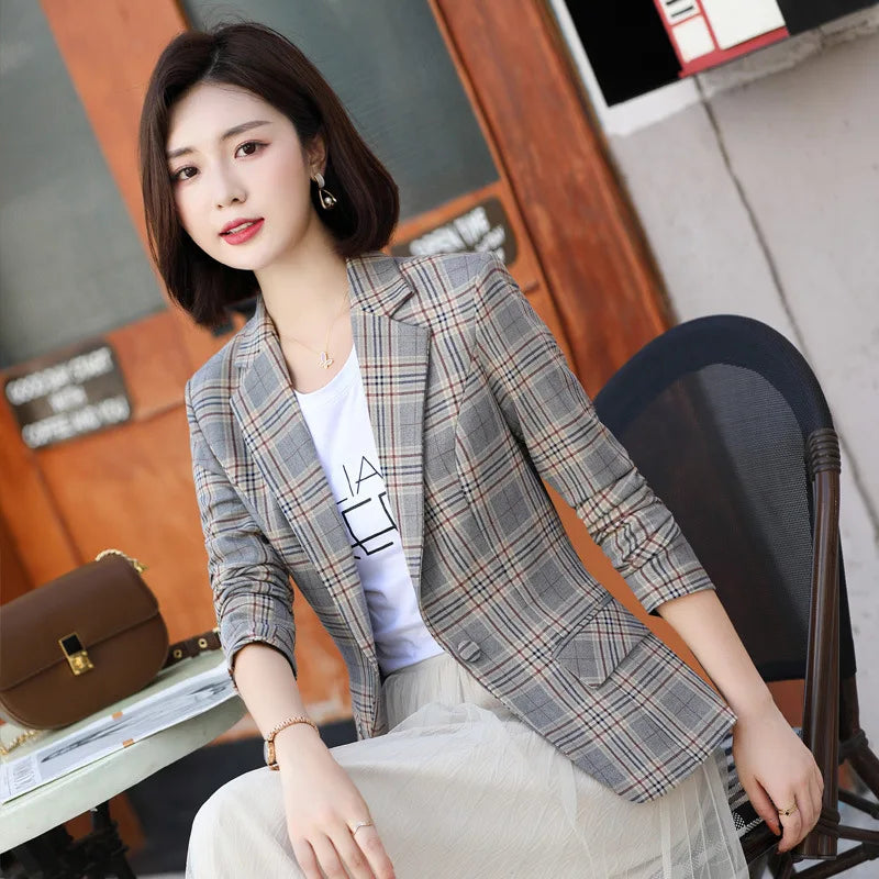 Jaqueta de Blazer Xadrez Listrado Cinza Moda Feminina Casacos Slim Decote em V Único Botão Senhoras Blazers S-XXXXXL
