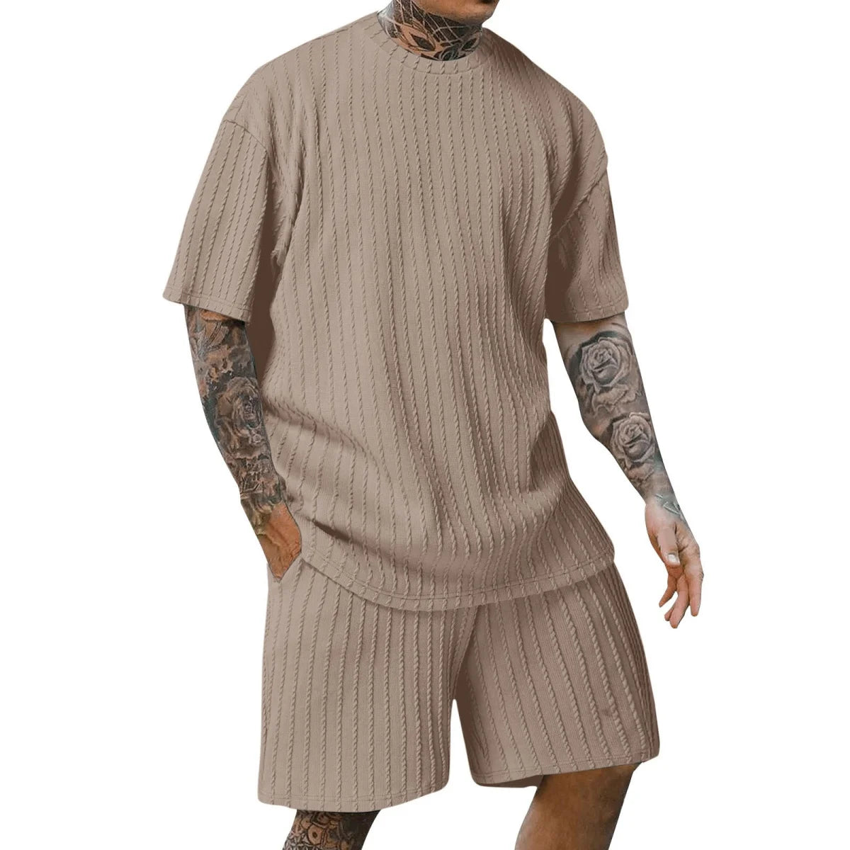 Nova moda masculina esportes de verão cor sólida gola vertical listra T-shirt shorts terno de manga curta