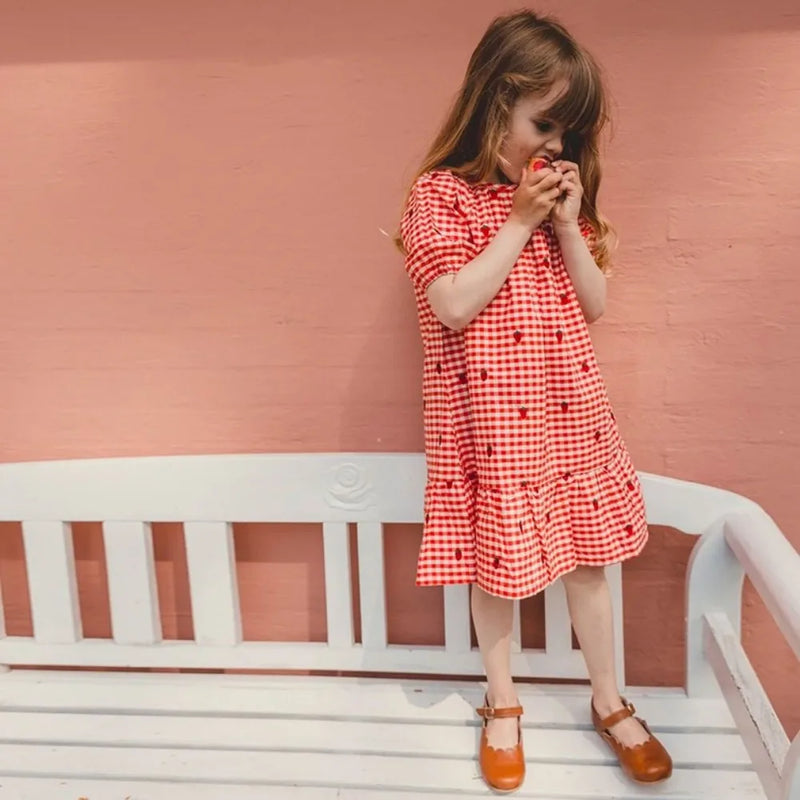 2024 Verão Floess Roupas Infantis Bebê Meninas Vestido de Algodão Xadrez Morango Manga Curta Camisetas Shorts Ternos Roupas Infantis