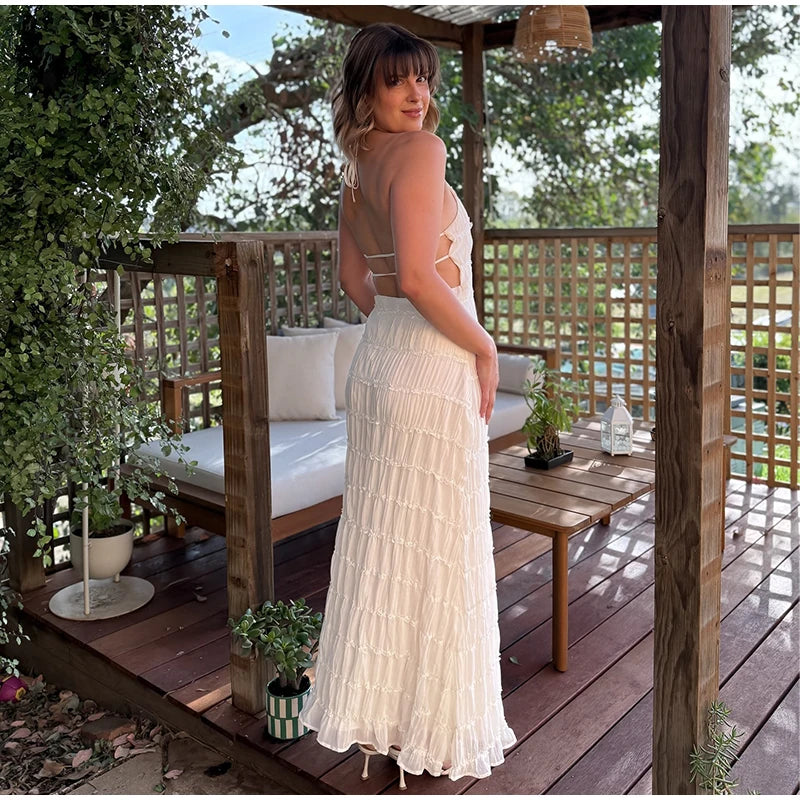 Elegante Plissado Halter Vestidos Longos Mulheres Retro Sexy Slim Sem Mangas Sem Encosto Vestido de Praia Feminino Chic Party Holiday Vestidos