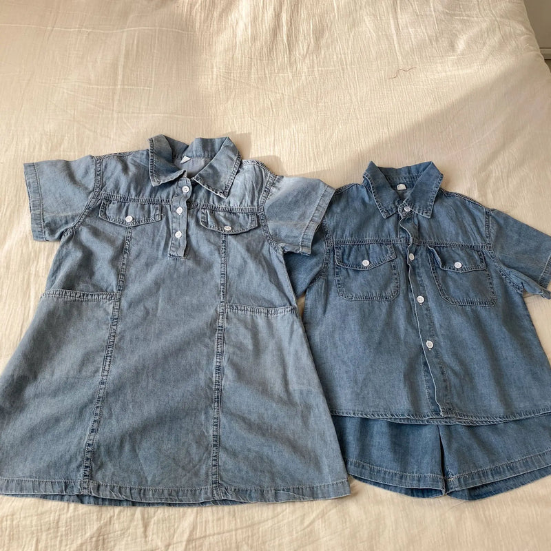 Roupas infantis 2025 verão novo terno jeans para menino ou vestido de menina casual roupas para irmão e irmã