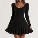 Vestidos femininos Mia Muse para todas as estações Namoro francês Cor sólida Bainha de alface Manga comprida Decote redondo Mini vestido de festa com babados