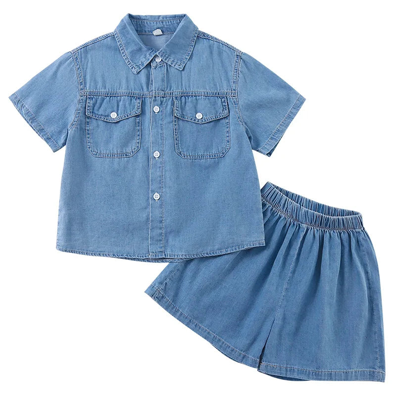 Roupas infantis 2025 verão novo terno jeans para menino ou vestido de menina casual roupas para irmão e irmã