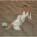 Sexy fita branca de seda cetim estilingue vestido para as mulheres elegante swing colarinho backless vestidos longos 2025 mulheres novo praia férias robe