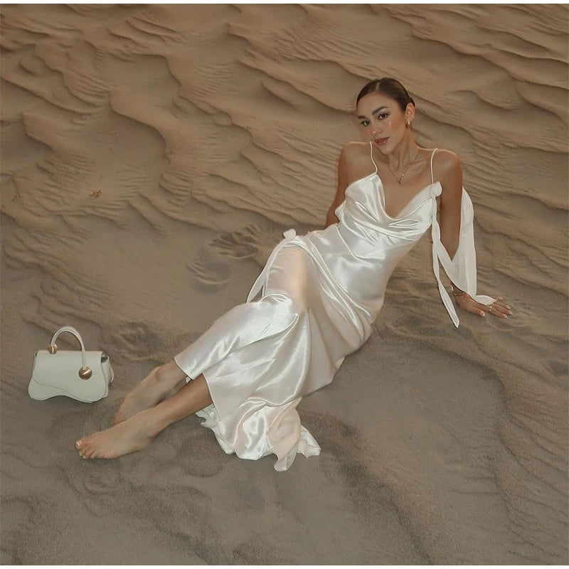 Sexy fita branca de seda cetim estilingue vestido para as mulheres elegante swing colarinho backless vestidos longos 2025 mulheres novo praia férias robe