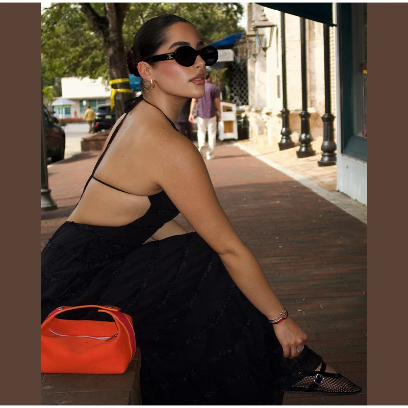 Elegante Plissado Halter Vestidos Longos Mulheres Retro Sexy Slim Sem Mangas Sem Encosto Vestido de Praia Feminino Chic Party Holiday Vestidos