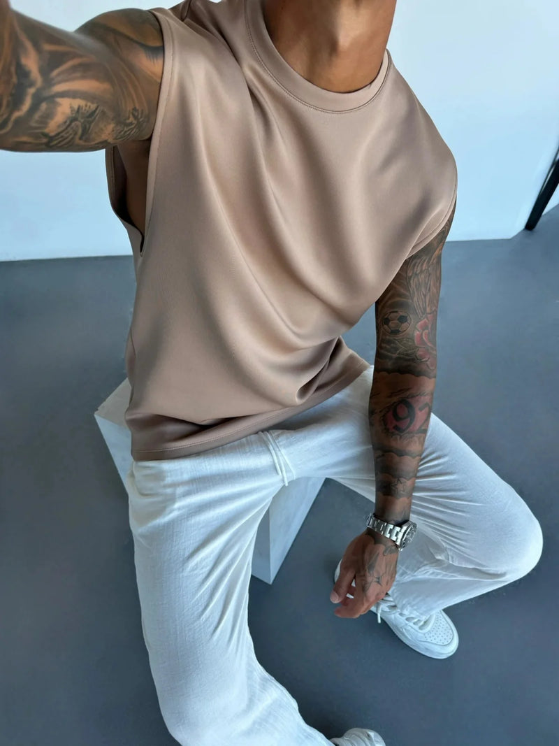 2025 Verão novo masculino moda esportiva calças casuais colete conjunto solto sem mangas T-shirt conjunto de cor sólida