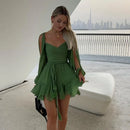 Moda Feminina Chiffon Plissado Lace Up Cintura Alta Mini Vestido Chic Verde Oco Out Manga Cheia A Linha de Vestidos Senhora Vestes de Praia