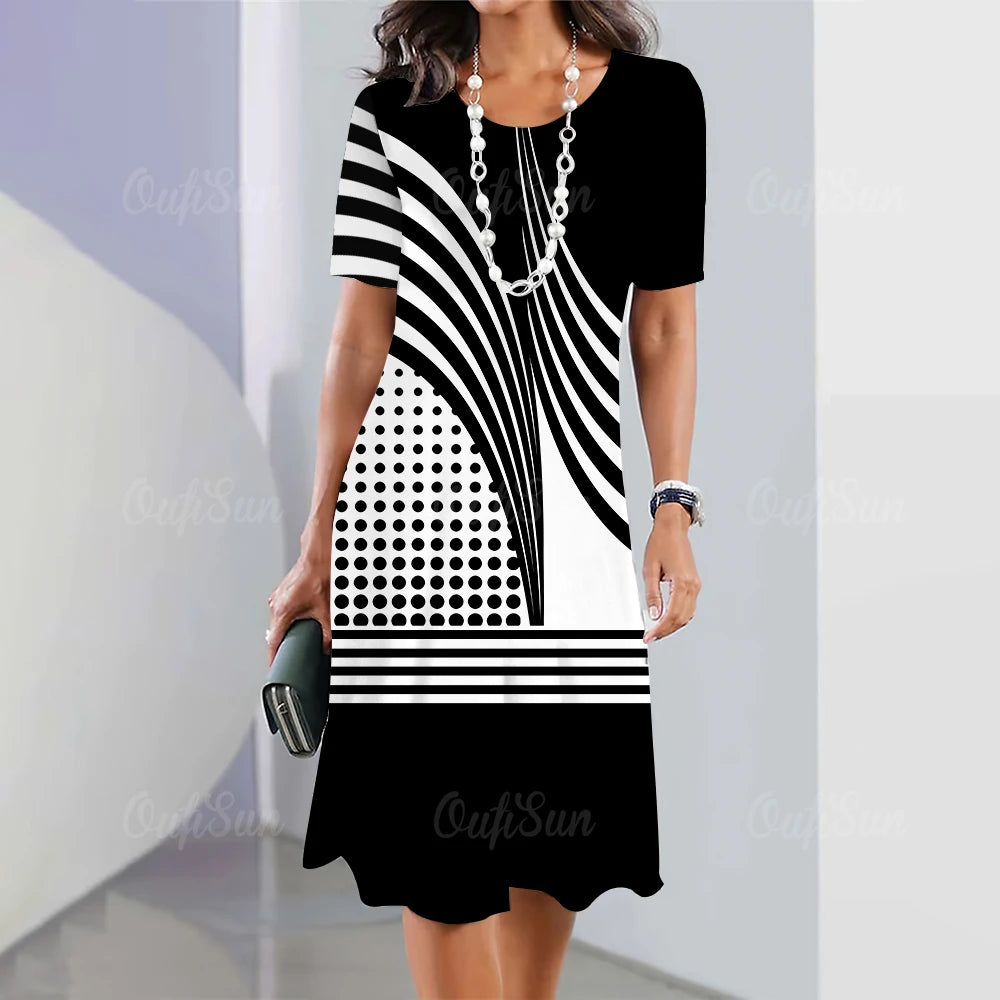 Moda Listrada Mulher Roupas Vestidos Simplicidade Imprimir Manga Curta Vestido Feminino Elegante Preto Feminino Vestido Longo Pulôver 2024
