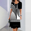 Moda Listrada Mulher Roupas Vestidos Simplicidade Imprimir Manga Curta Vestido Feminino Elegante Preto Feminino Vestido Longo Pulôver 2024