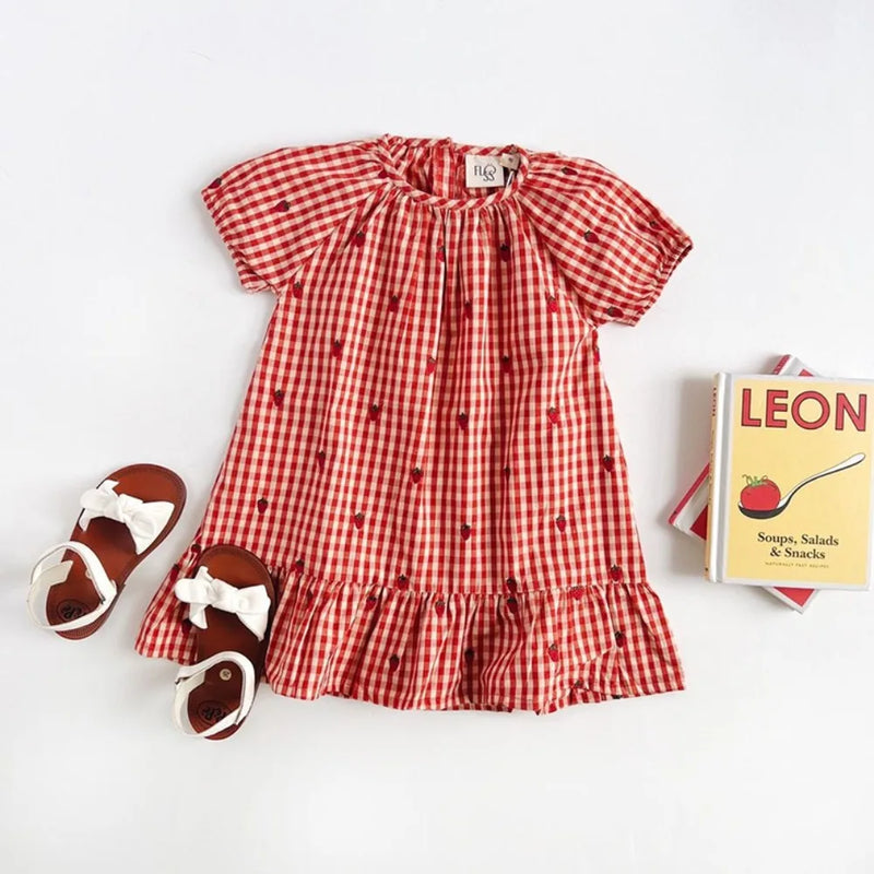 2024 Verão Floess Roupas Infantis Bebê Meninas Vestido de Algodão Xadrez Morango Manga Curta Camisetas Shorts Ternos Roupas Infantis