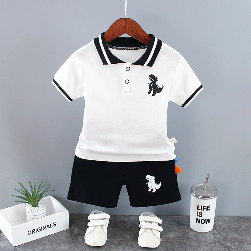 Verão Crianças Roupas Do Bebê Meninos Conjunto de Roupas Dinossauro Impresso Turn-down Collar T-Shirts Tops + Shorts 2PCS / Suit Conjuntos de Roupas Infantis