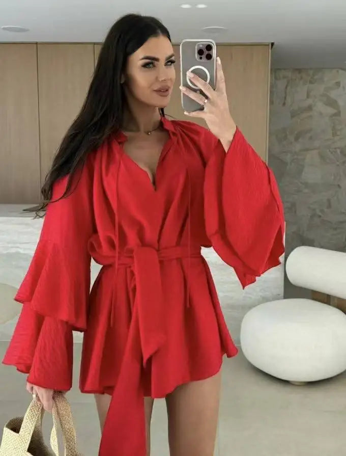 Elegante Plissado Vestido Curto Mulheres Solto Lace Up Manga Longa Flare V Neck Vestidos Feminino 2025 Primavera Oco Out Praia Robe Senhora