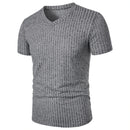 Homens Corrida Esportes Fitness Verão Novo Alto Elástico Listra Vertical Manga Curta Decote em V Slim Fit Malha Inferior Camisa Top