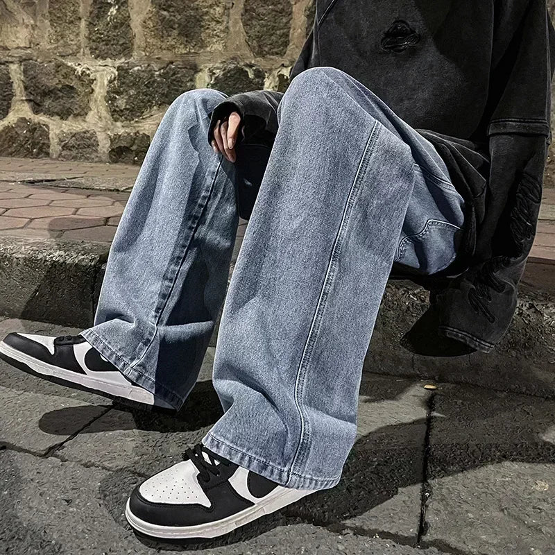 2024 Novo Streetwear Jeans Solto Masculino Estilo Coreano Moda Solta Reta Perna Larga Calças Masculinas Roupas de Marca Preto Azul Claro