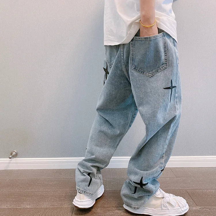Estampas Jeans Homens 2023 Novo Streetwear Baggy Wide Leg Jeans Coreano Moda Cortinas Reta Casual Solta Denim Cargo Calças