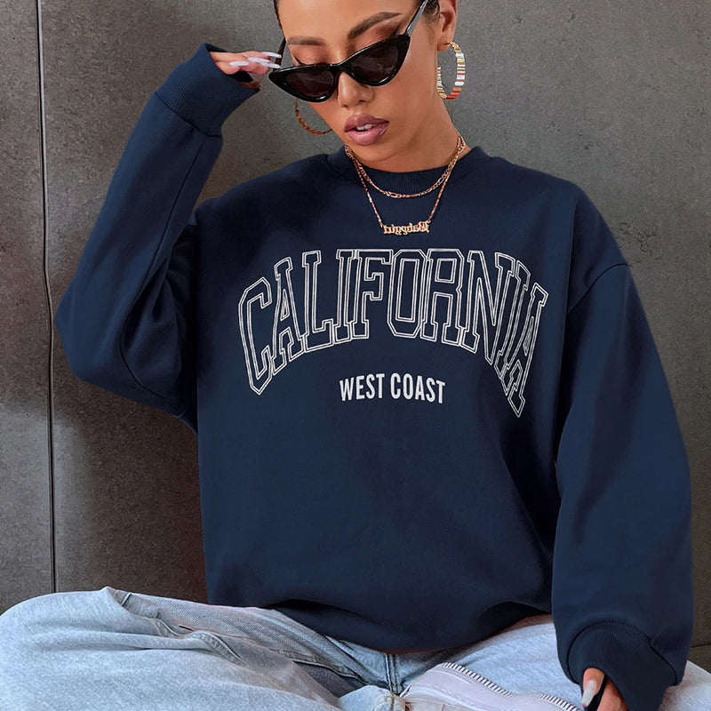 Tendência coreana Mulher Camisolas Califórnia Costa Oeste Impressão Feminino com capuz Mangas Compridas O-pescoço Pulôveres Roupas Esportivas e Ricas