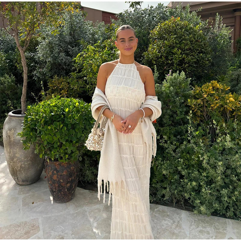 Elegante Plissado Halter Vestidos Longos Mulheres Retro Sexy Slim Sem Mangas Sem Encosto Vestido de Praia Feminino Chic Party Holiday Vestidos