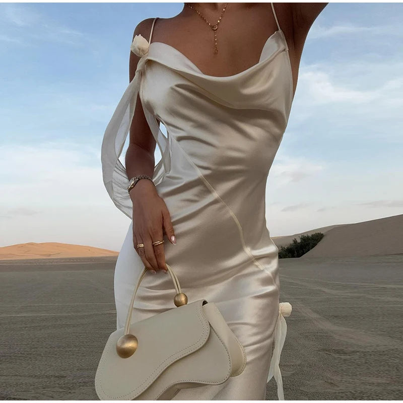 Sexy fita branca de seda cetim estilingue vestido para as mulheres elegante swing colarinho backless vestidos longos 2025 mulheres novo praia férias robe